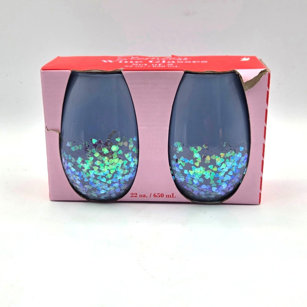 Pair of Lavender Stemless Wine Goblets Glasses Sparkle 22 oz BRAND NEW